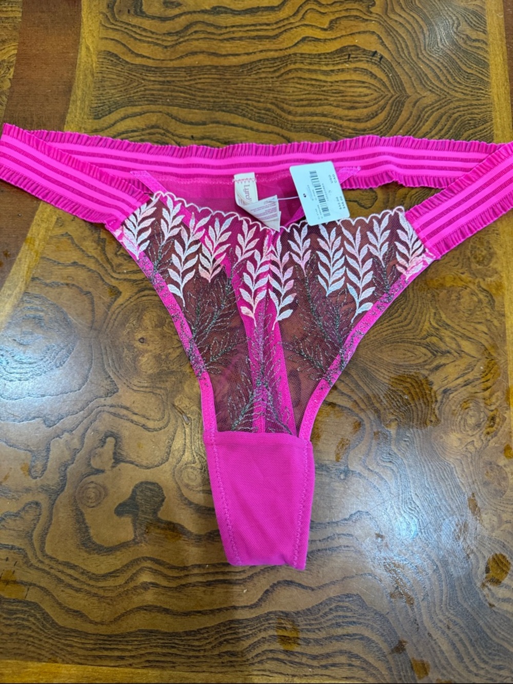 Anthropologie Fuchsia Pink Embroidered Sheer Thong Panty